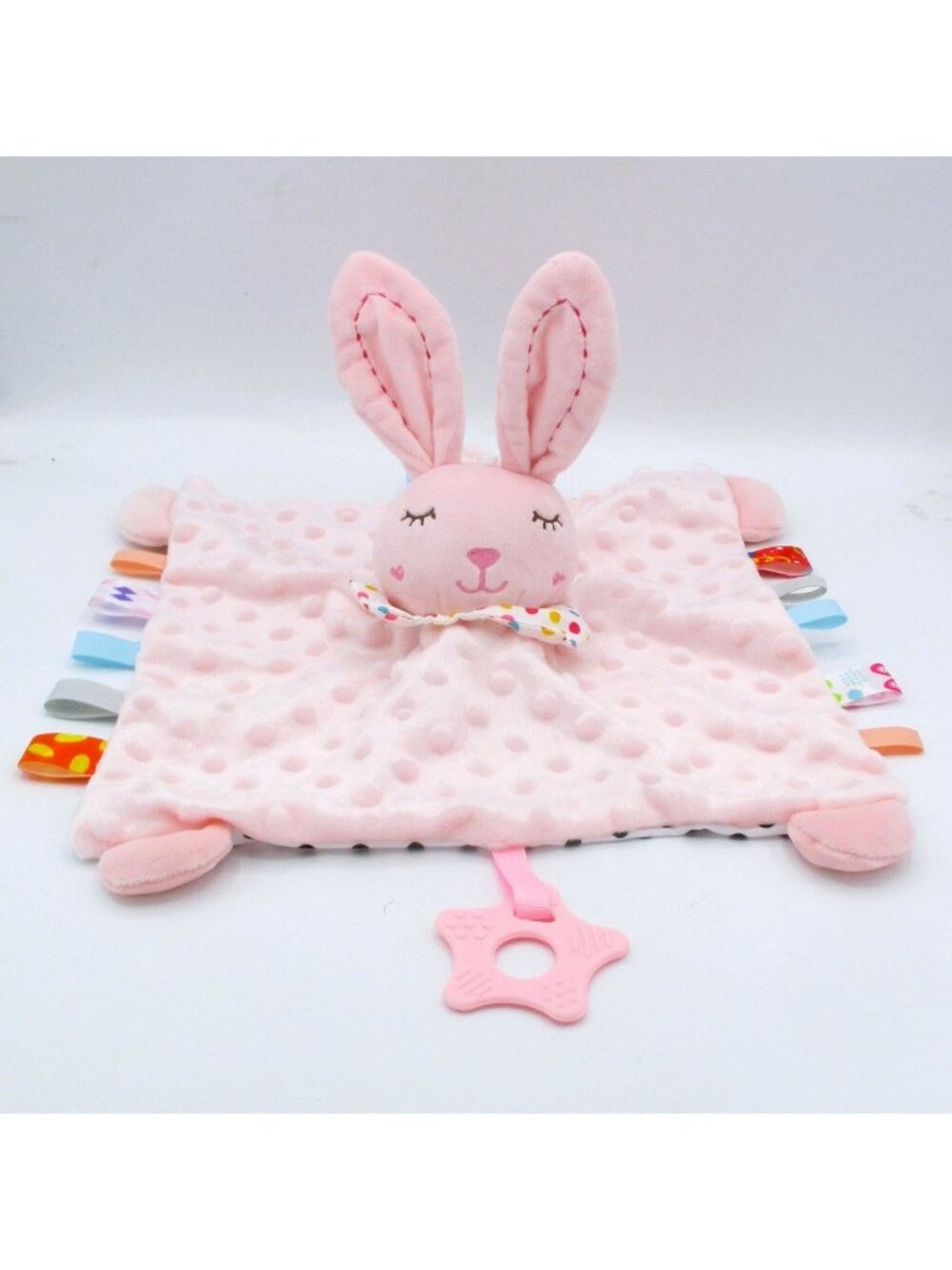 Pink Bunny Lovey Rattle Teether Blanket W/ Tags For Babies Minky & Polka Dot Bac